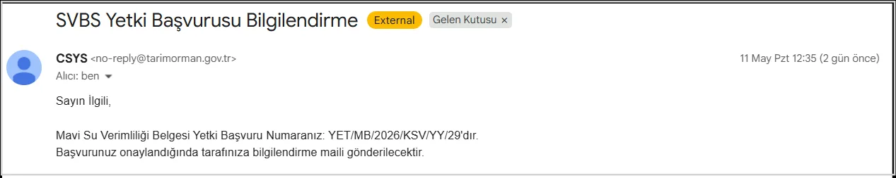 Şekil 27: Yetki Başvurusu Bilgilendirme E-postası