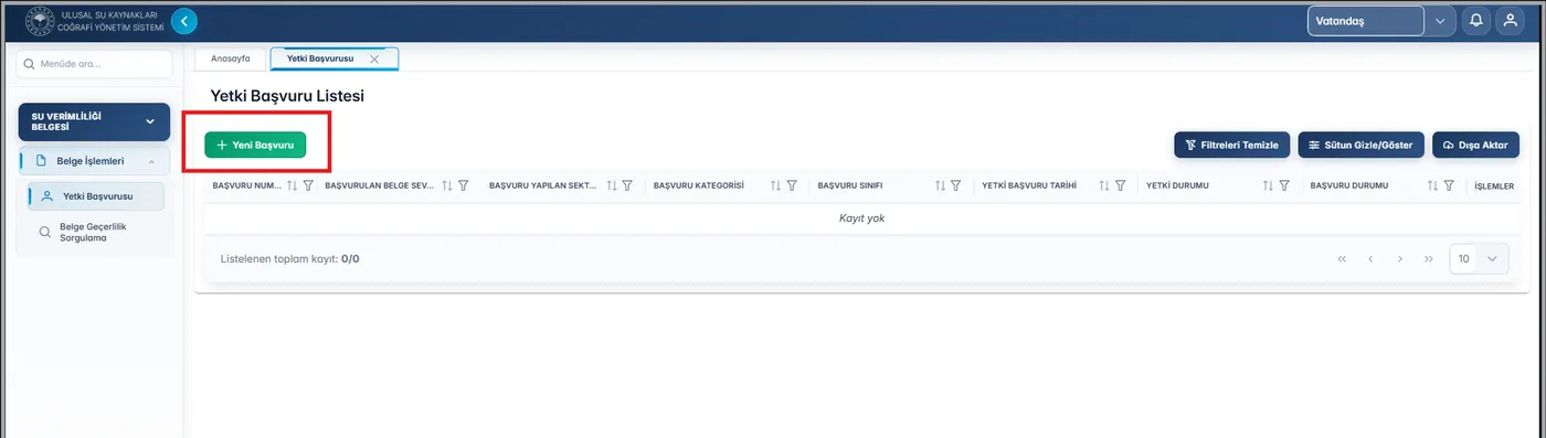 Şekil 6: Yeni Başvuru Butonunun Bulunduğu Yetki Başvuru Listesi Ekranı