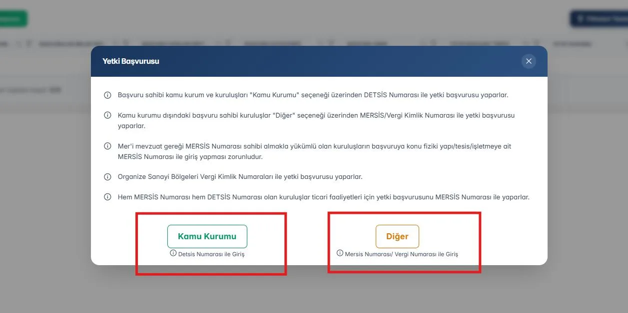 Şekil 7: Yetki Başvurusu Ekranı ve Giriş Yöntemleri