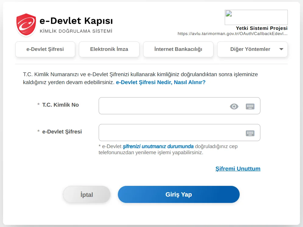 Şekil 3: E-Devlet Şifresi ve T.C. Kimlik Numarası ile Sisteme Giriş
