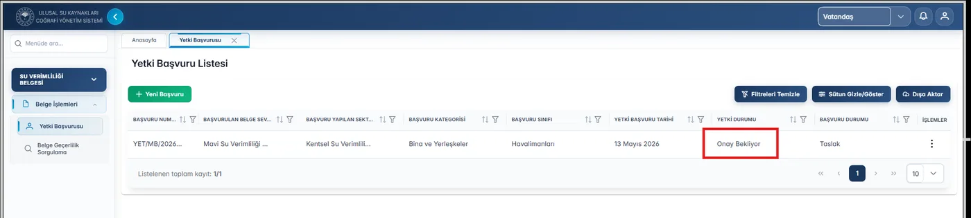 Şekil 26: Yetki Başvuru Listesi - “Onay Bekliyor” Durumu