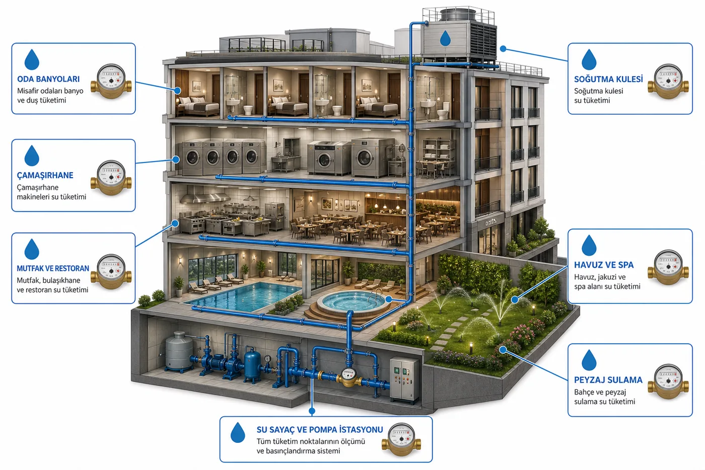Otel kesit illüstrasyonu: oda banyoları, çamaşırhane, mutfak ve restoran, havuz ve spa, peyzaj sulama, soğutma kulesi ve su sayaç/pompa istasyonu