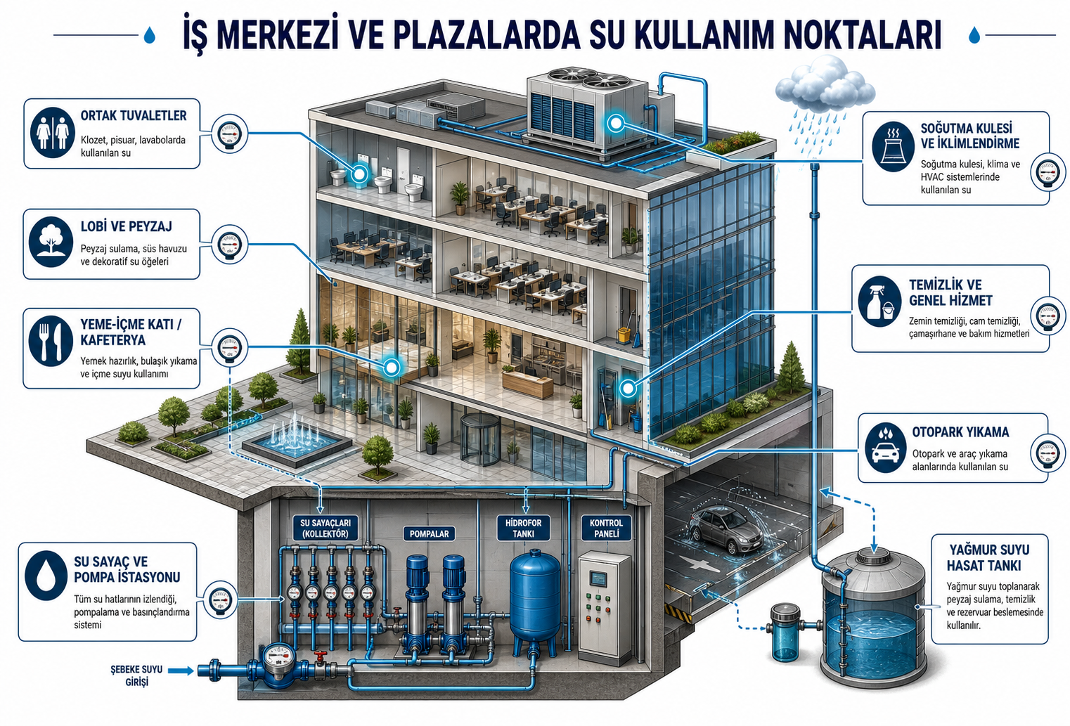 İş merkezi ve plazalarda su kullanım noktalarını gösteren izometrik kesit