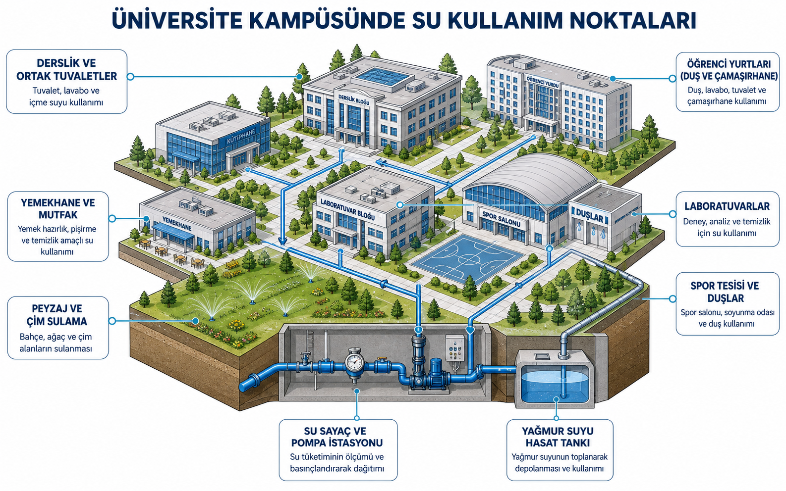 Üniversite kampüsünde su kullanım noktalarını gösteren izometrik kesit