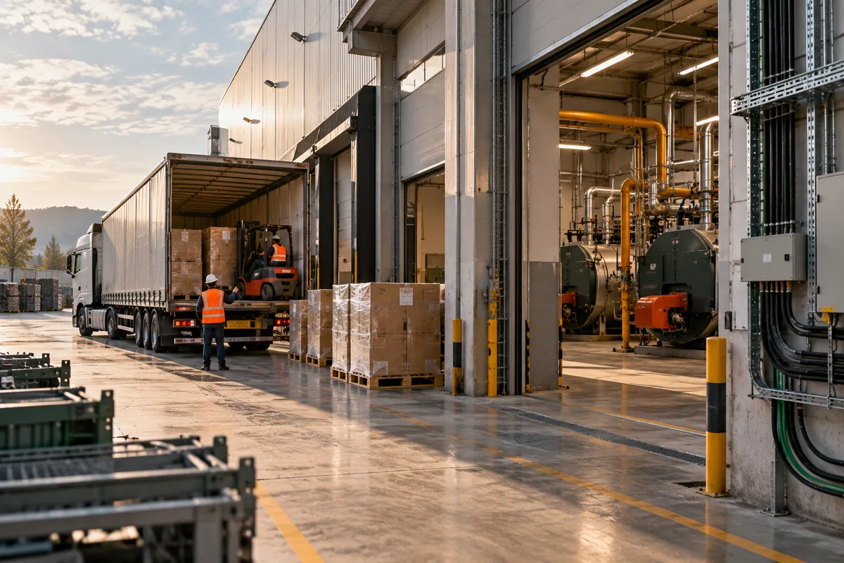 Fabrikanın yükleme rampasında yüklenen dizel kamyon, açık kapıdan görünen kazan dairesi ve duvardaki elektrik kabloları