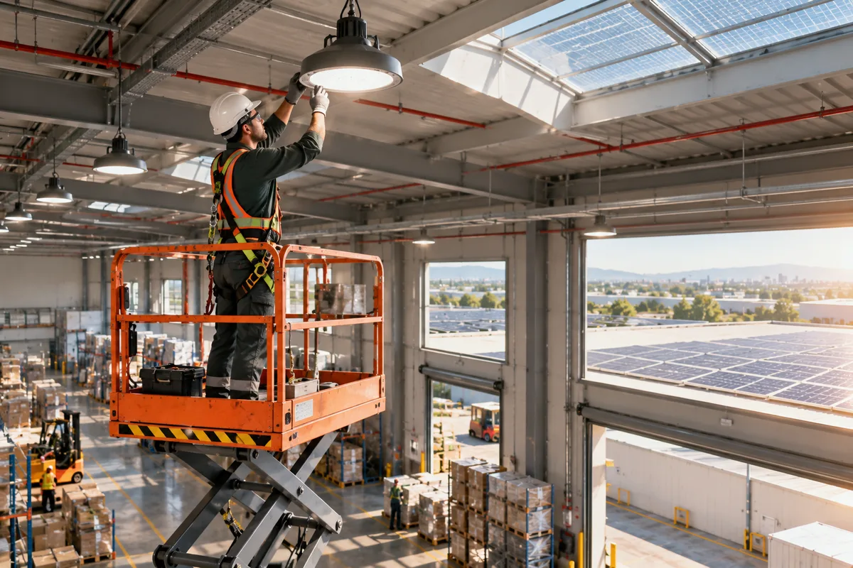 Makaslı platformdaki bakım teknisyeni depoya LED armatür takıyor, pencereden çatıdaki güneş panelleri görünüyor
